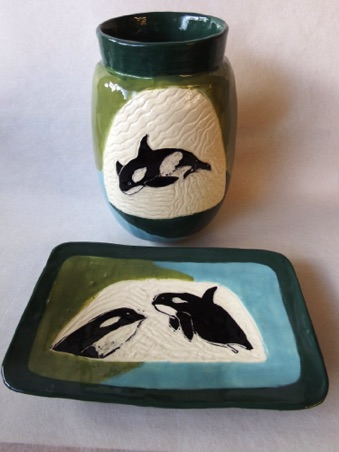 Orcas Vase and Plate
Vase - 7.5"h x 5"diameter
Plate -  5.25"w x 8.25"L
Handbuilt